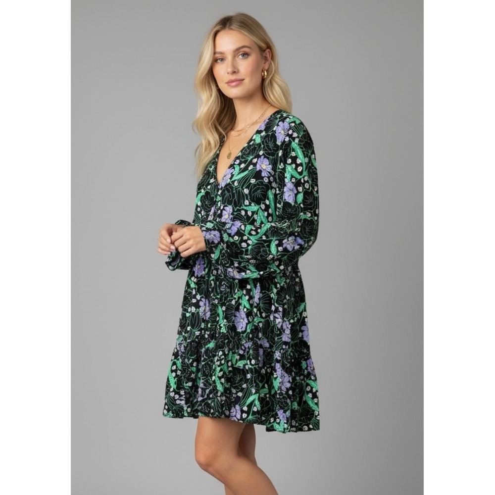 Y.A.S Yaskatyra‎ Floral Large Tiered Mini Dress Black Purple Green Long Sleeve